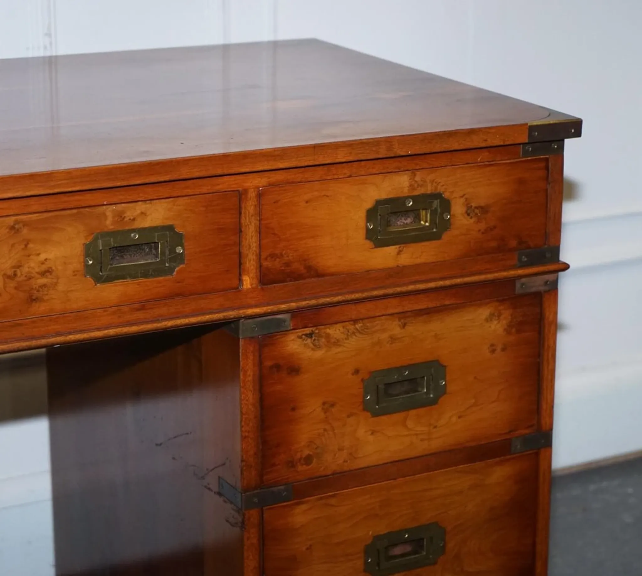 Vintage Military Campaign Twin Desk in Yew Wood