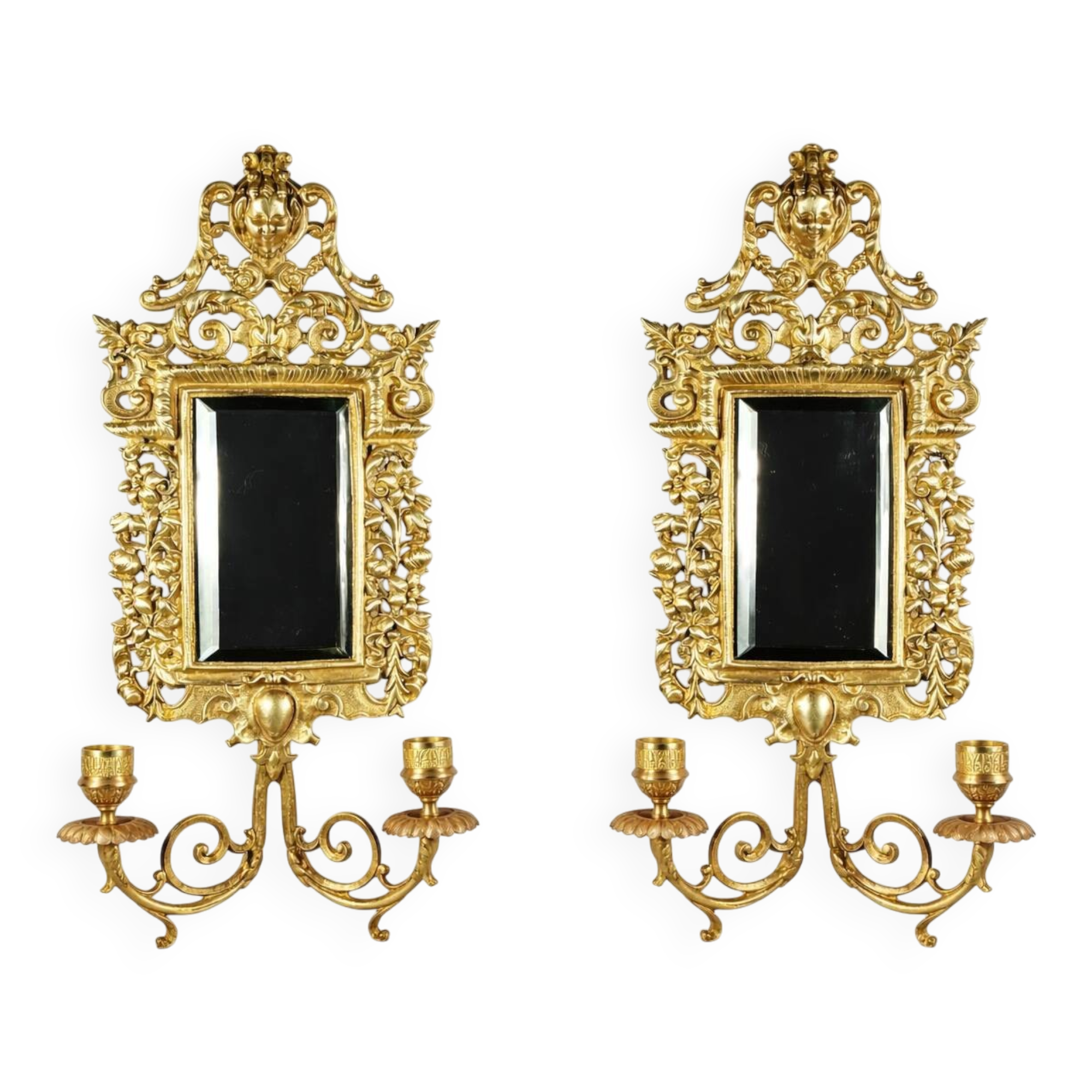 Pair of Napoleon III wall sconces in gilded bronze, with bevelled mirrors.