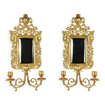 Paire d’appliques murales Napoléon III en bronze doré, miroirs biseautés