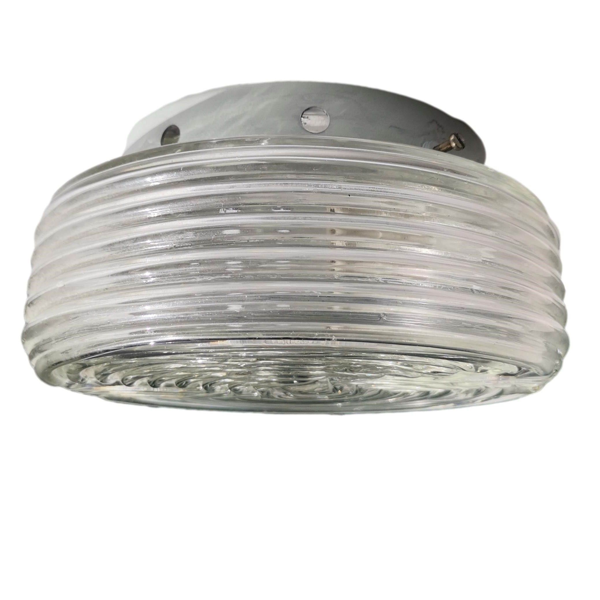 Portuguese mid century clear swirl glass flush mount bathroom light lamp 1960s