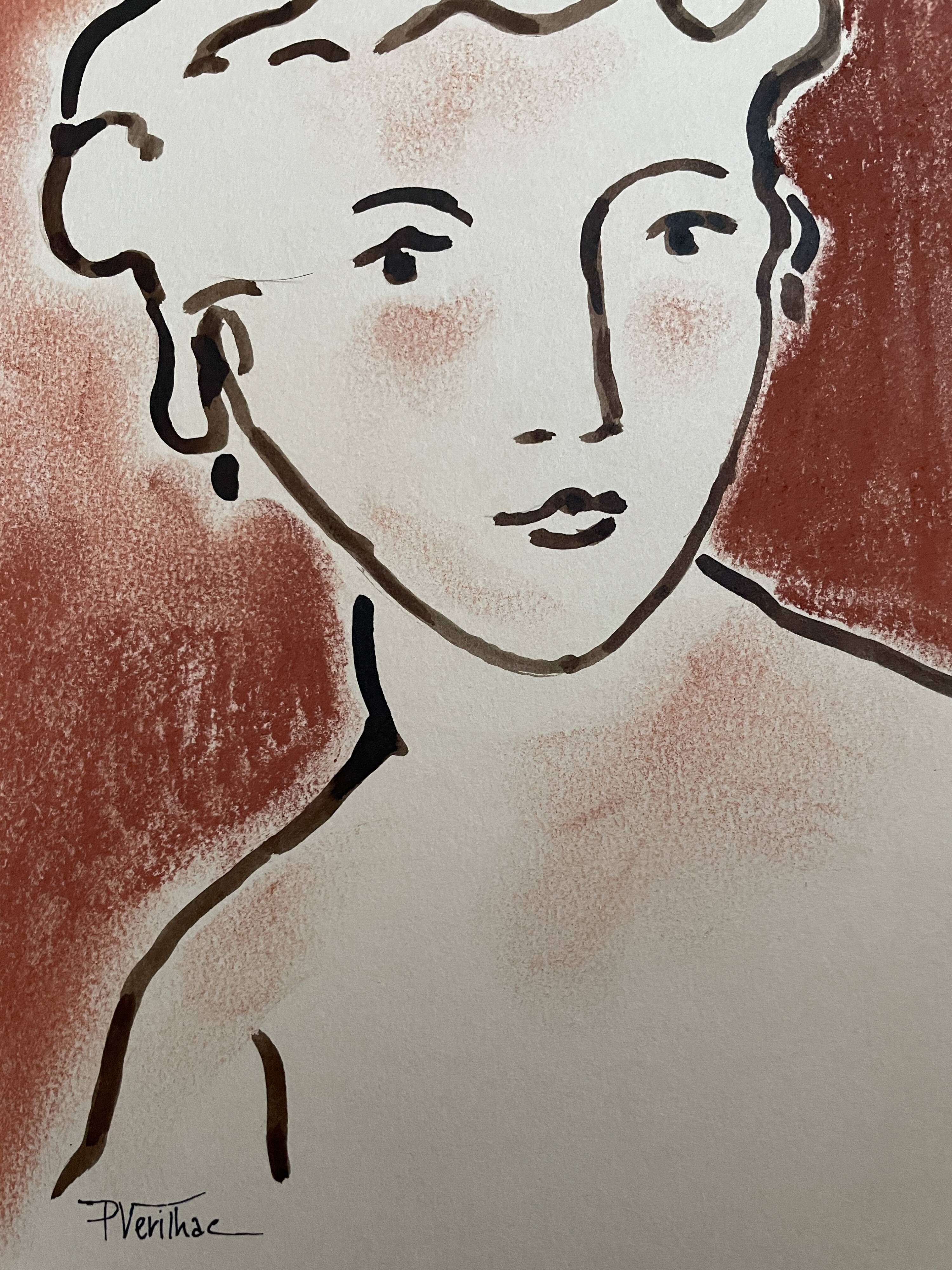 Painting signed Chinese ink and pastel female portrait “study”