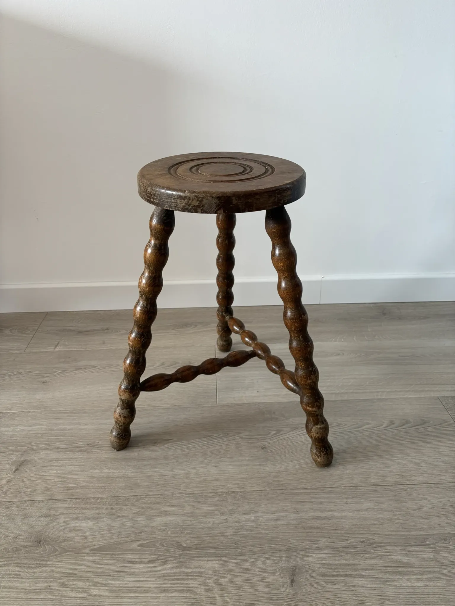 Antique tripod stool, solid wood, turned wood.