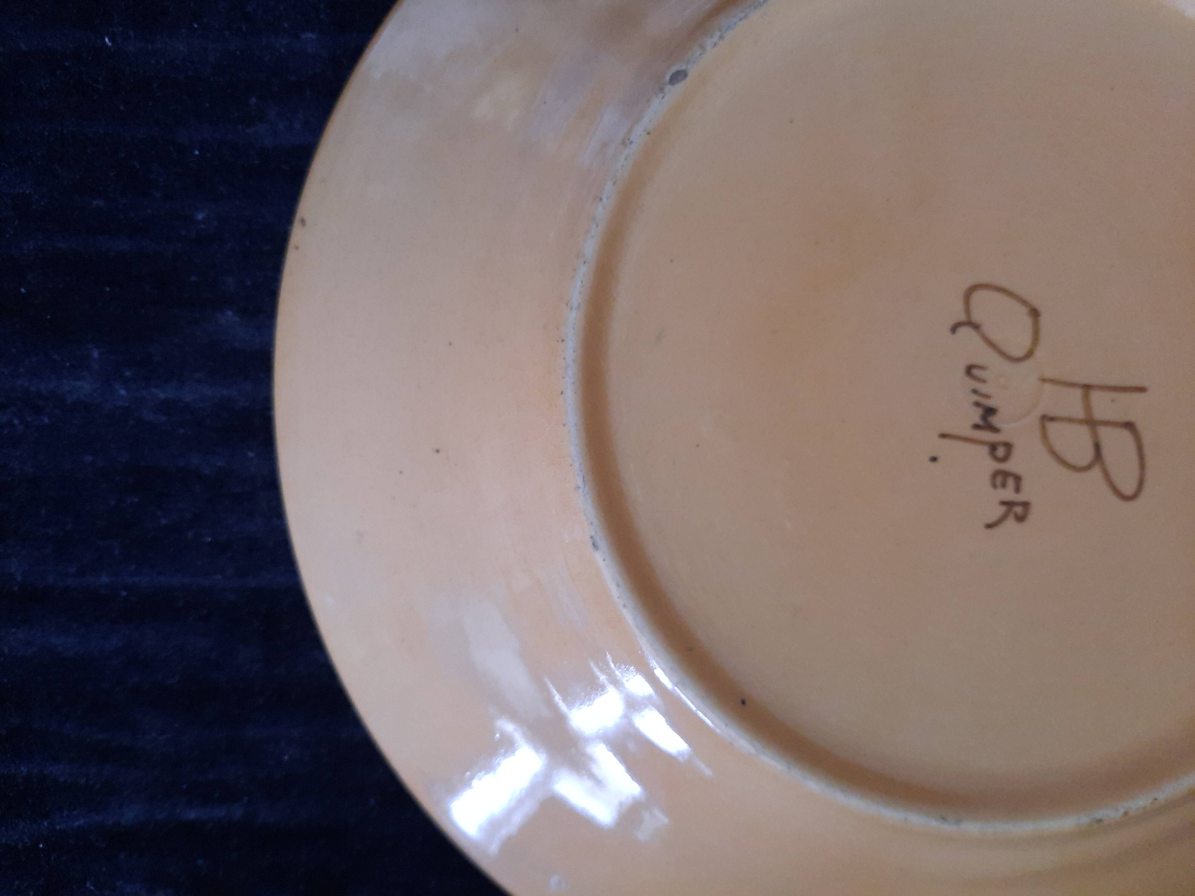 Old HB Quimper Plate Ceramic Geometric Floral Design Brown Yellow