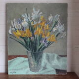 Oil painting on canvas bouquet of iris signed and side