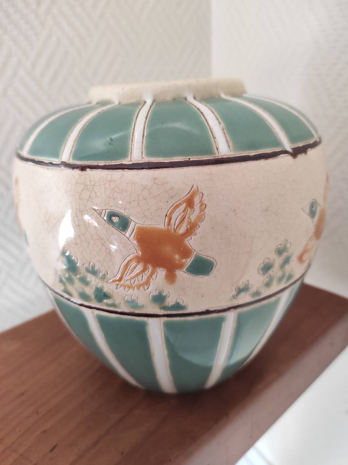 Vase boule céramique cloisonnée décor canards sauvages