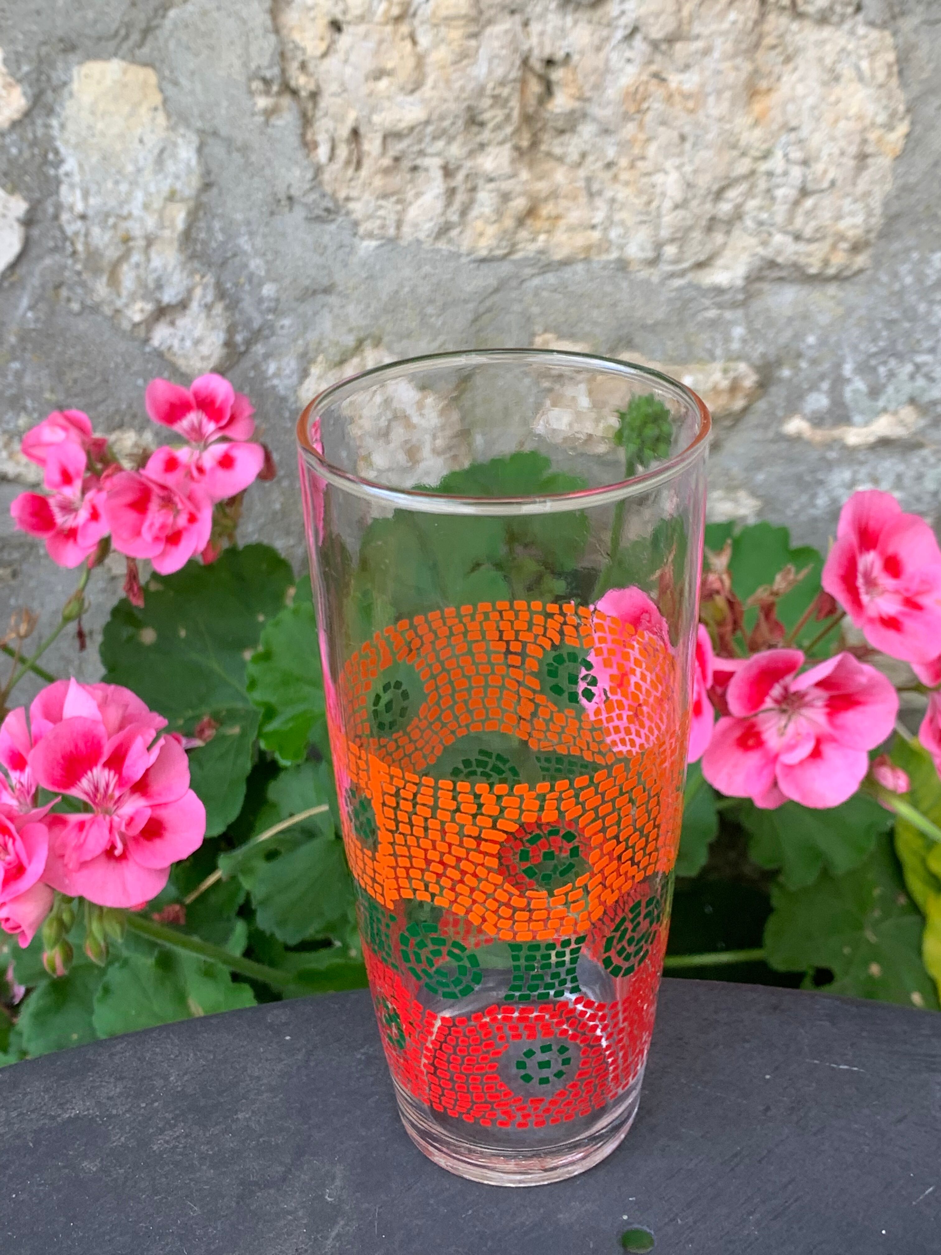 6 glasses to orangeade mosaic orange and green vintage 1970
