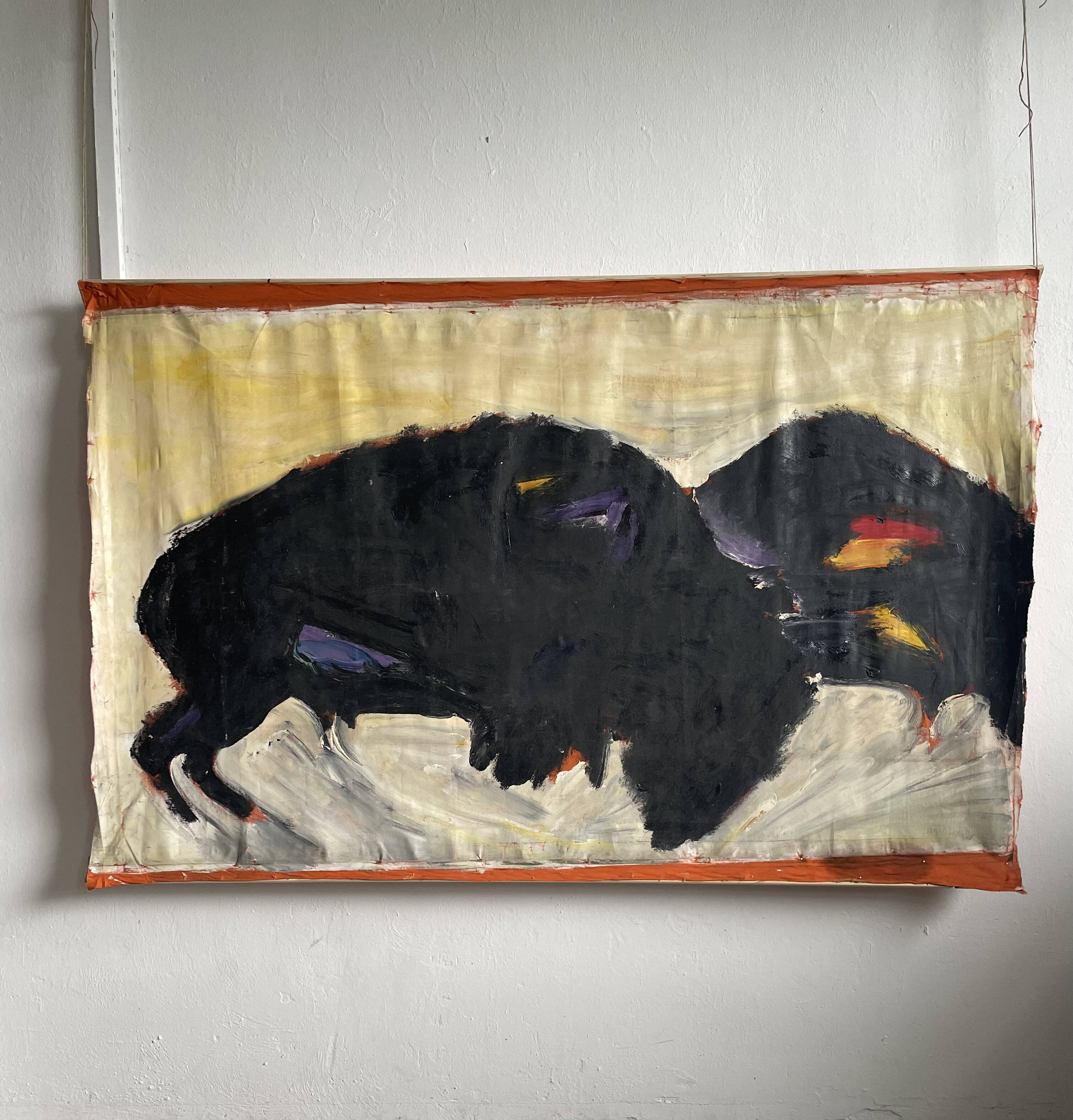 Large Acrylic Painting on Jute, 150 x 250 cm, unframed, ca 1980s