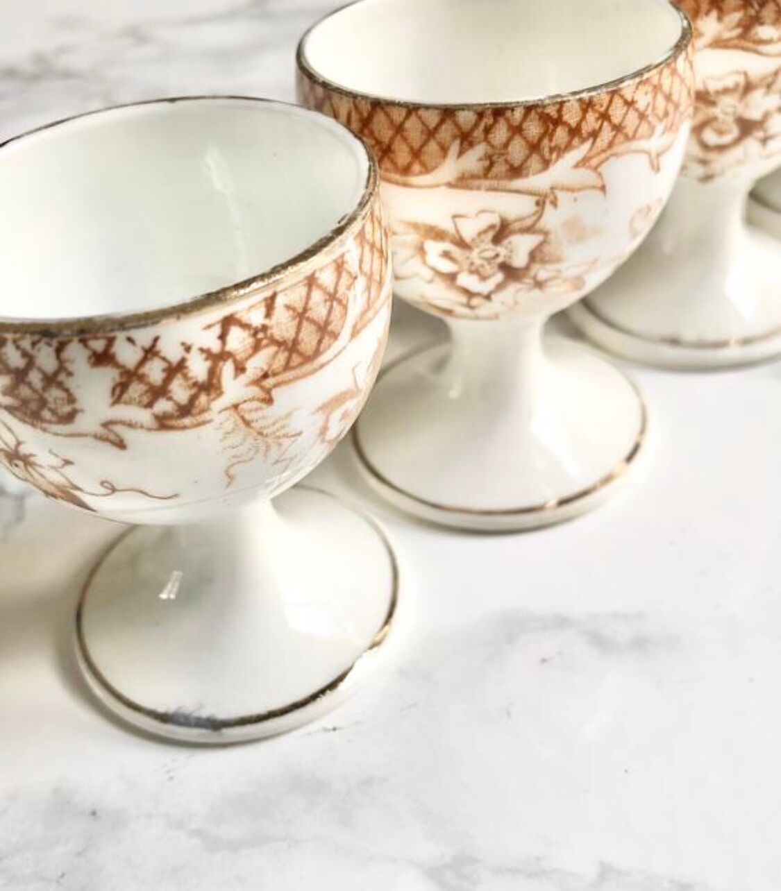 Suite of 4 old porcelain cockroaches decorated with sepia-printed leaves