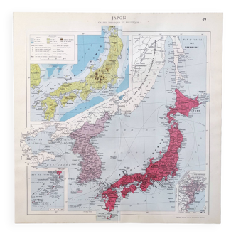 Carte vintage Japon Corée 43x43cm de 1950