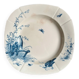 Medium square hollow plate Gien in blue ironstone, service "Birds" around 1870.