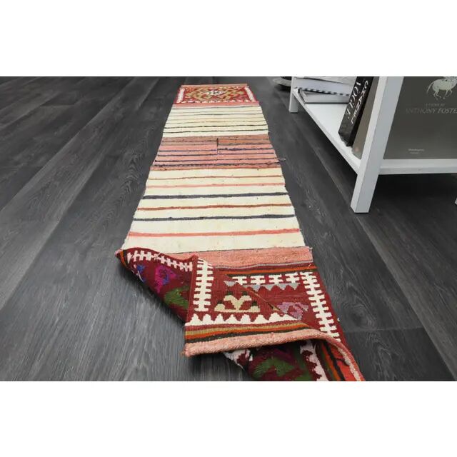 1970s Vintage Turkish Handmade Wool & Cotton White Runner Rug 47x222
