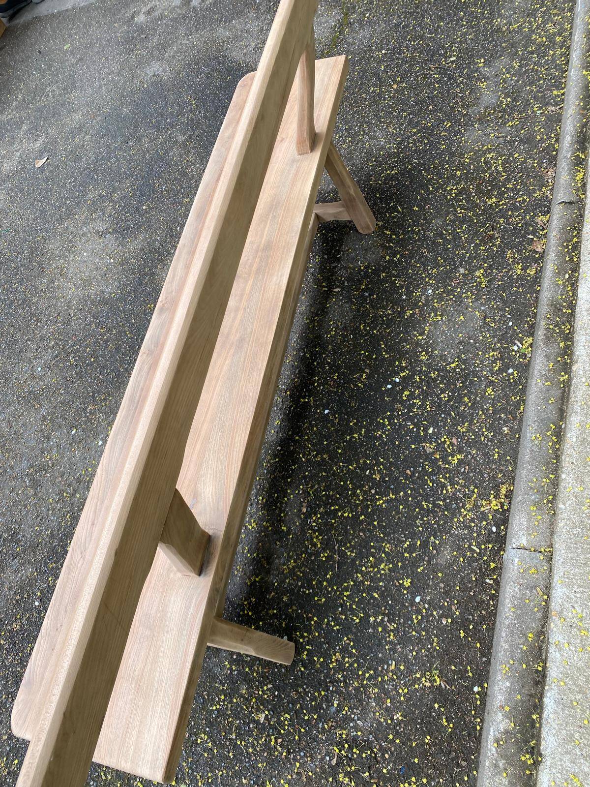 Renovated vintage farmhouse bench with a backrest in solid oak from the 20th century, 180cm.