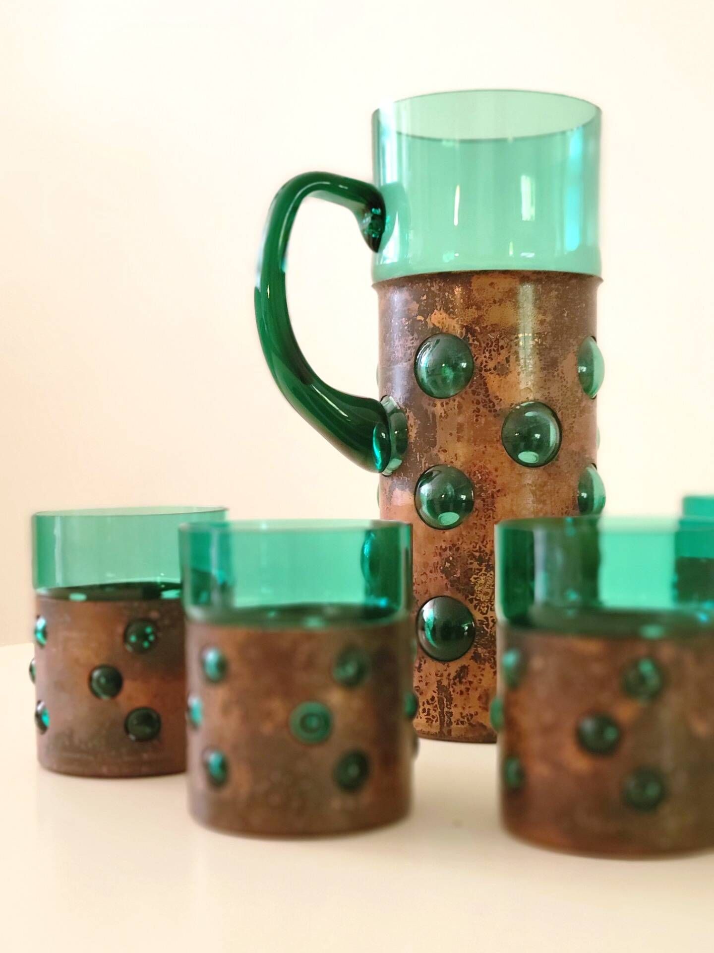 Vintage brutalist drinks set of green glass and patinated copper