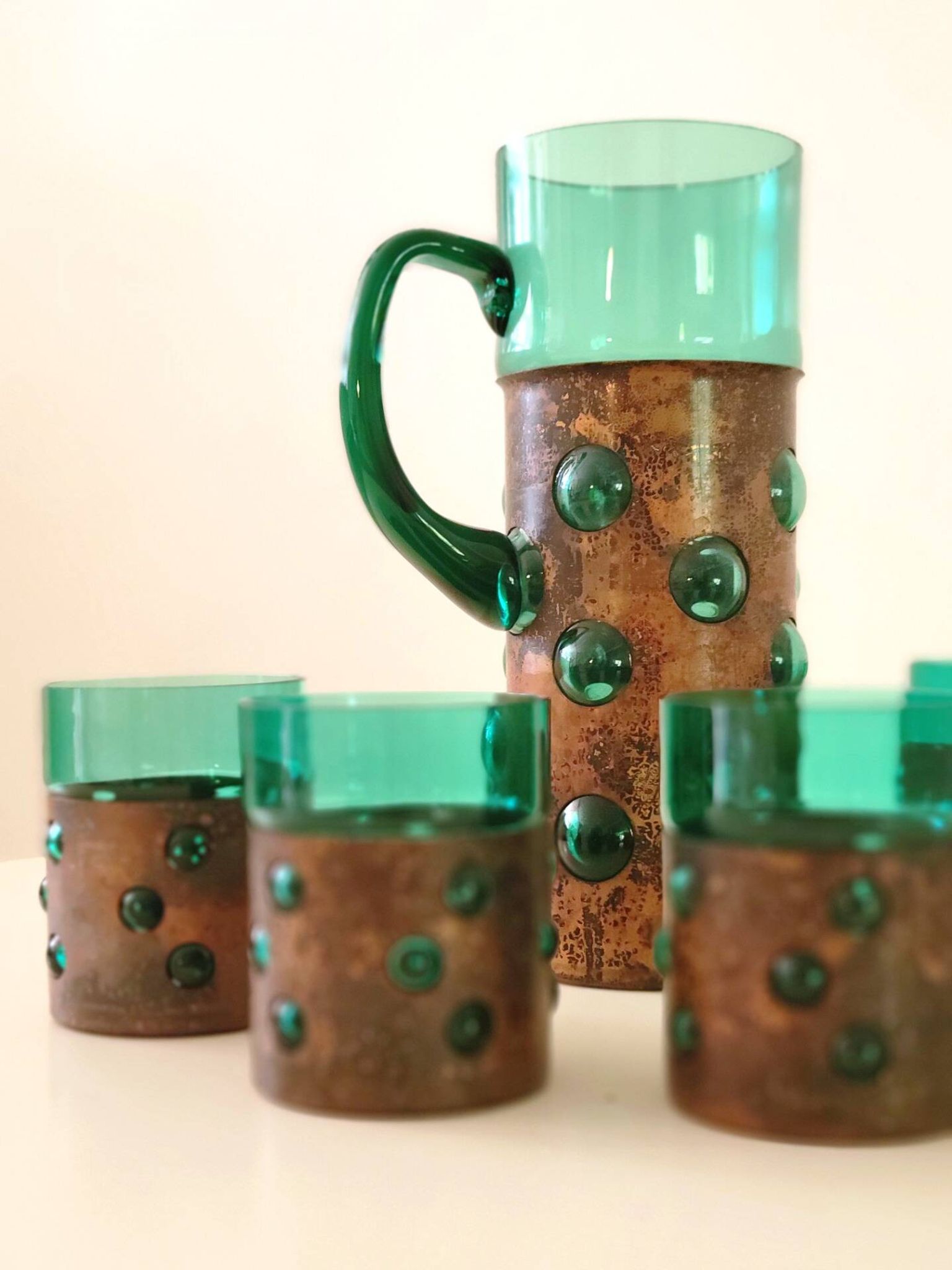 Vintage brutalist drinks set of green glass and patinated copper