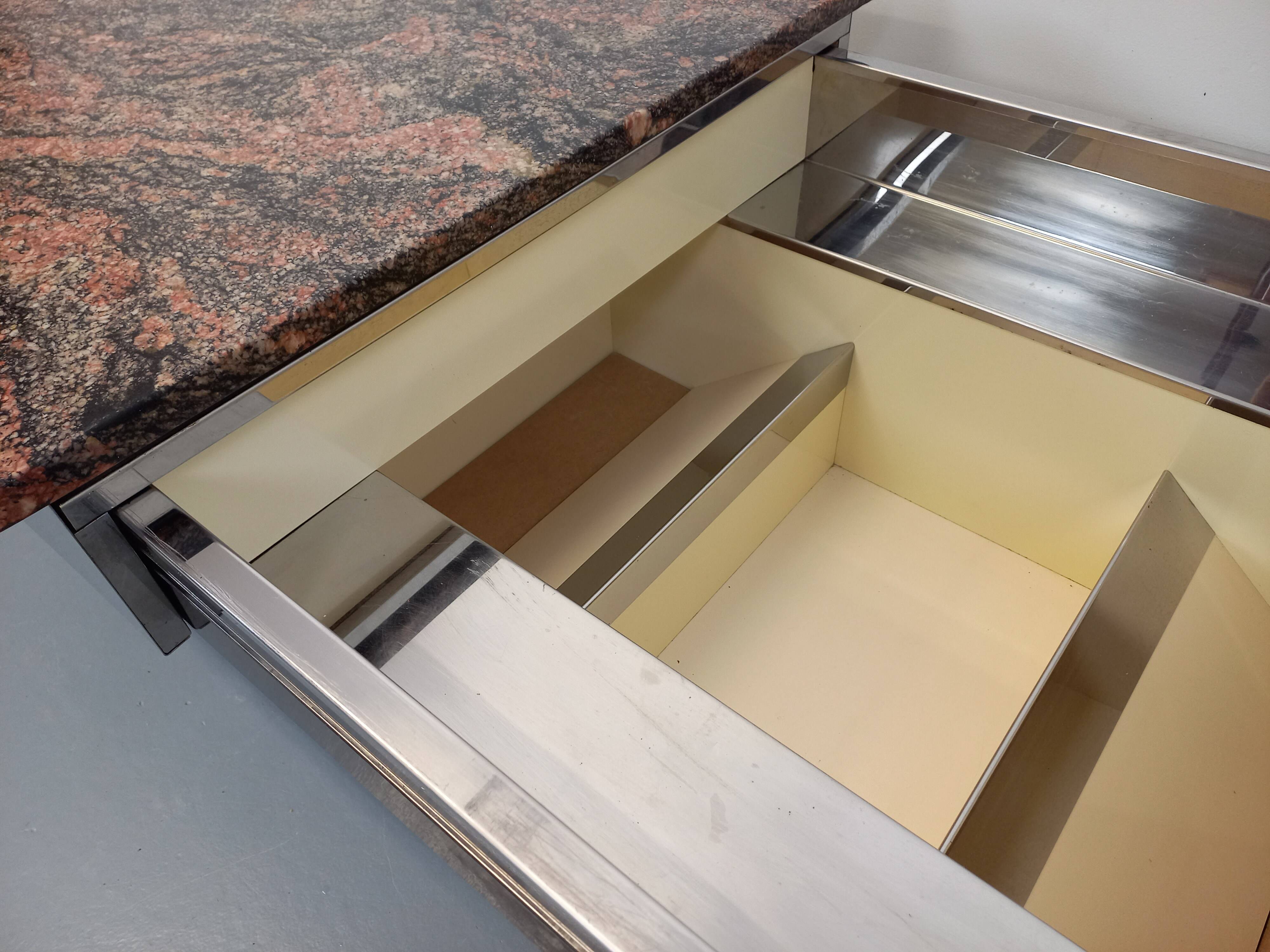 Vintage granite, chrome metal and black melamine coffee table with bar