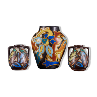 Unique Set of 3 Very Colorful Hand Painted Ceramic Vases with Floral Design