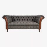 Chesterfield sofa in wood, tweed and leather