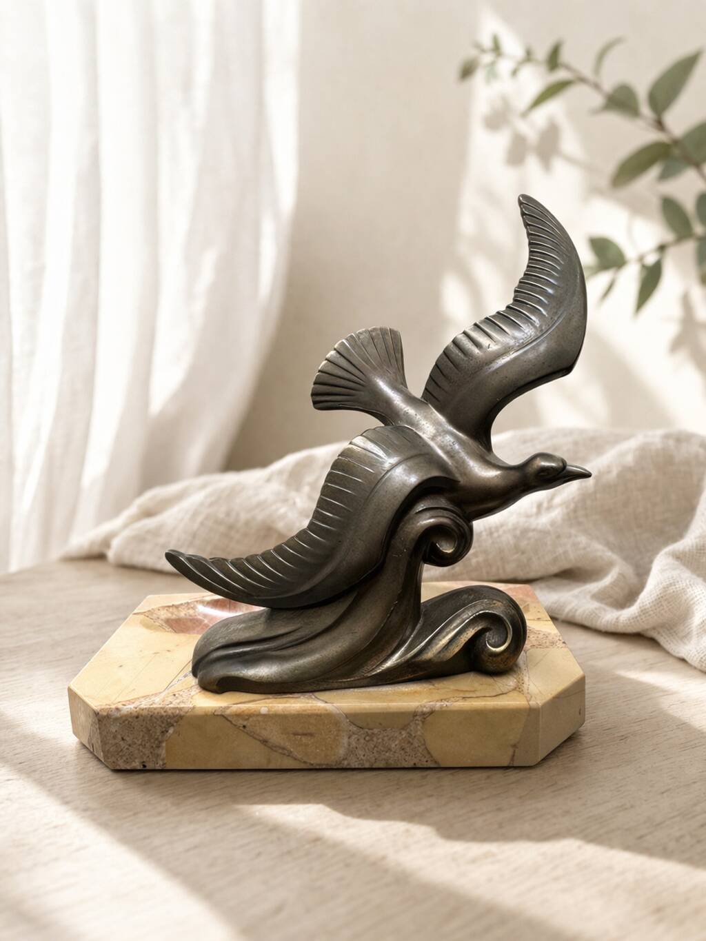 Modernist Bird in Flight Sculpture on Breccia Marble Base — France, 1