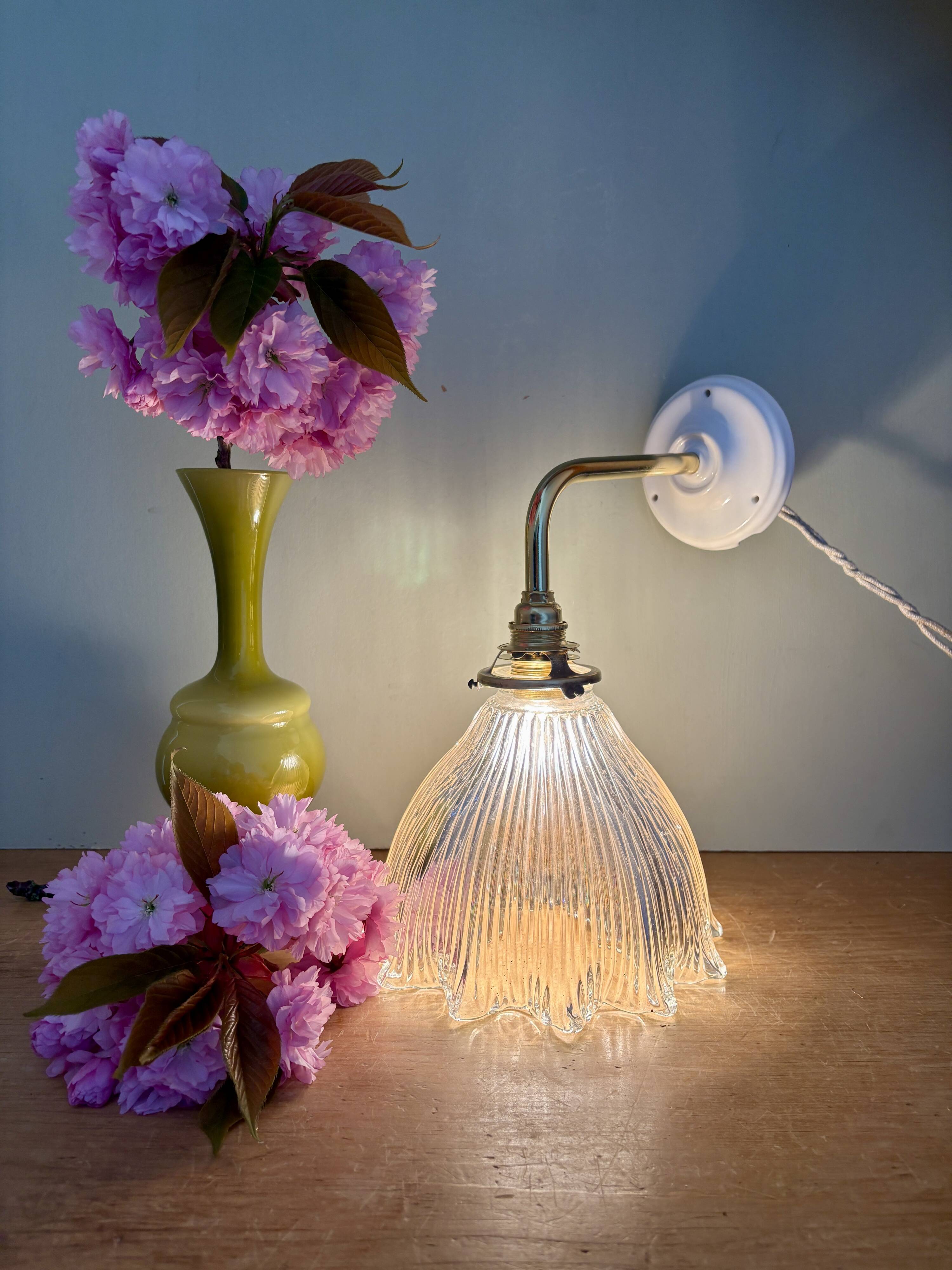 Elbow wall lamp with vintage holophane glass shade