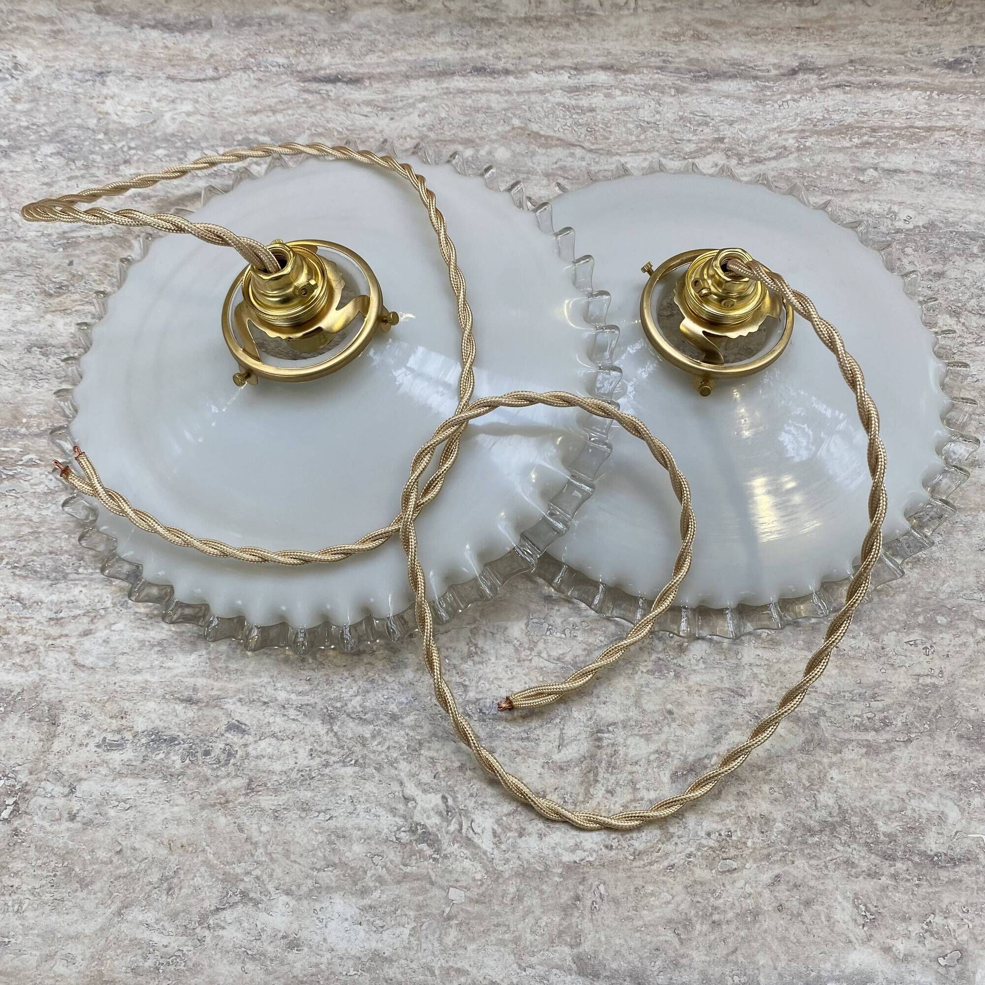 Pair of vintage pendant lights in white opaline and transparent serrated edges