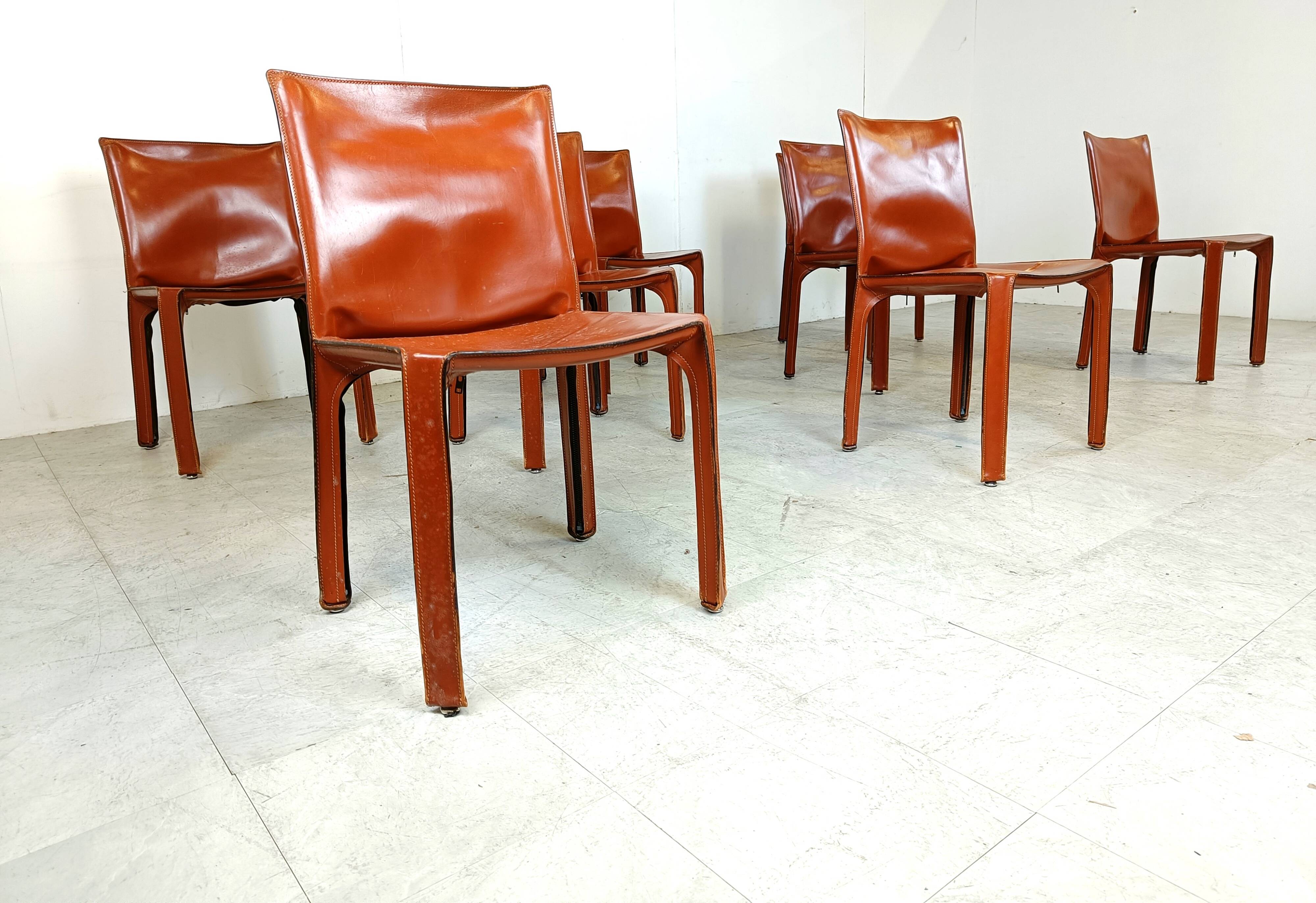 Red leather dining chairs Italy, 1970s - set of 8