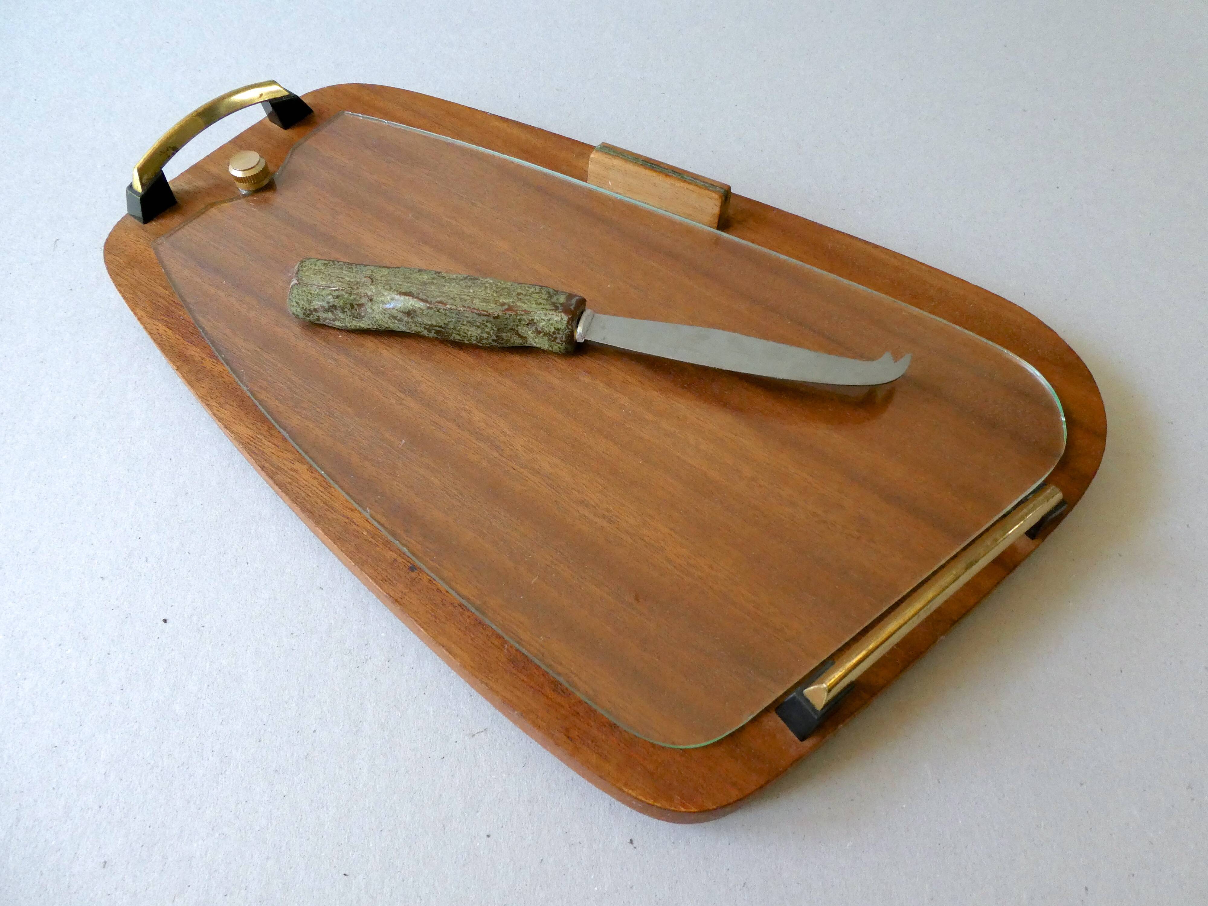 Teak and glass cheese platter, Scandinavian, 60s