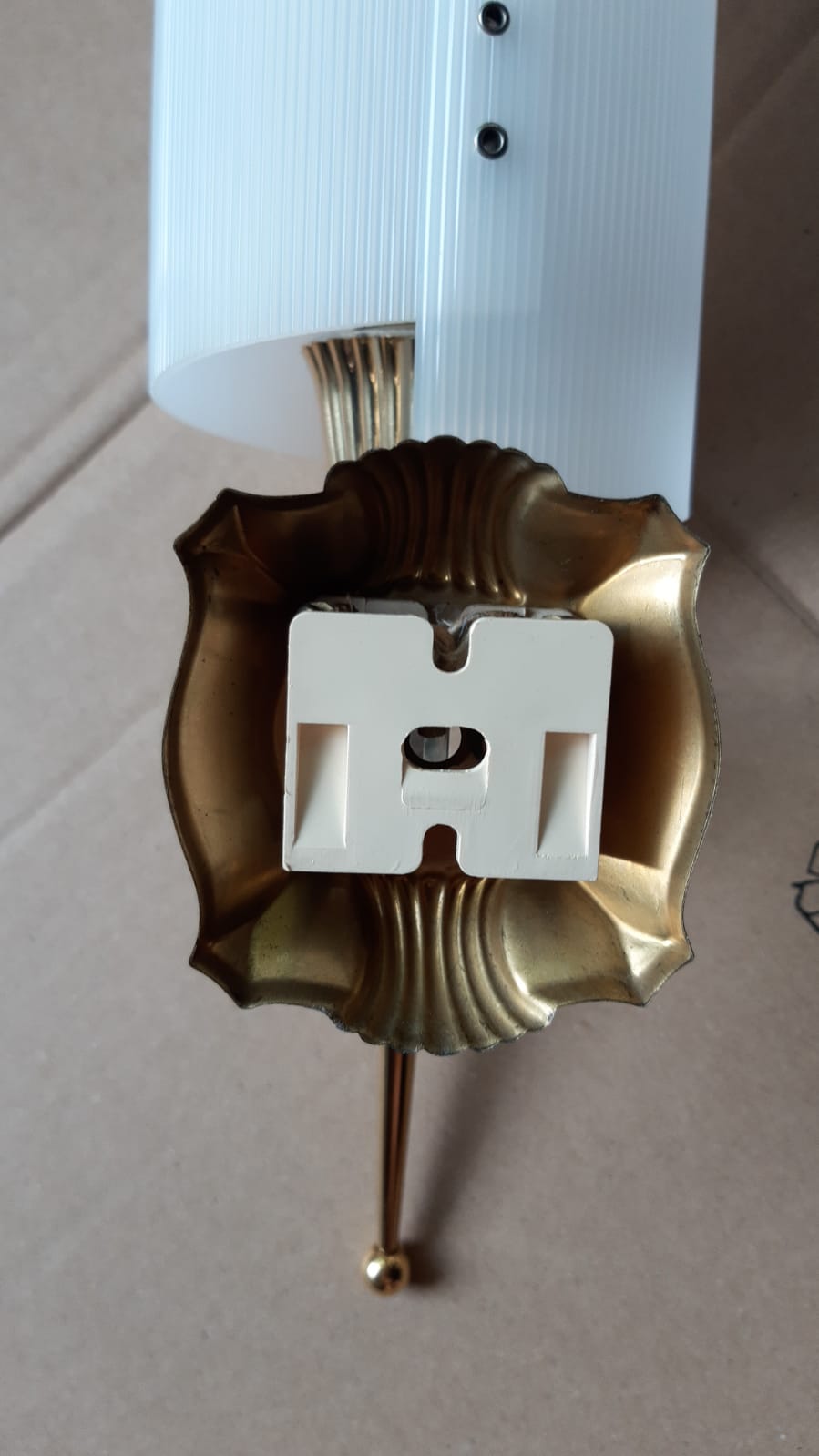 Pair of gold steel wall lamps, plexi and pleated plastic shades 60s-70s