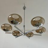 Old 6-light chandelier designed by Sciolari in chrome metal and smoked glass, 70s vintage