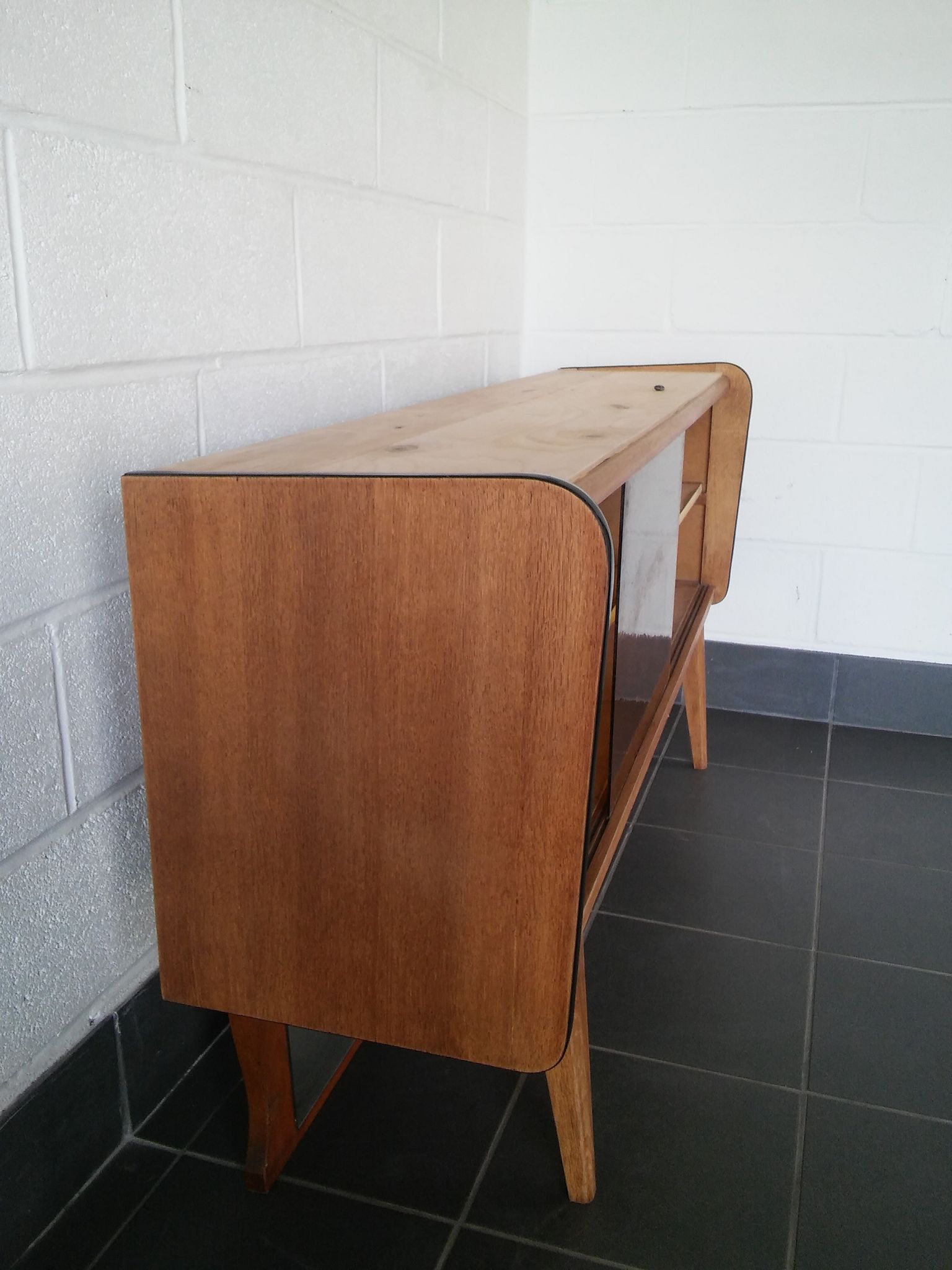 Sideboard vintage Scandinavian feet compass of oak and glass