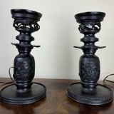 Japan Meiji period: Pair of patinated bronze candlesticks circa 1880