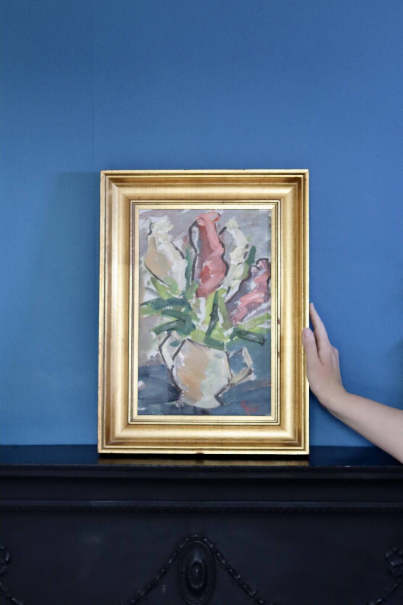 Original Mid-Century Oil on Canvas " Vase" by unidentified Artist- Vintage & Framed
