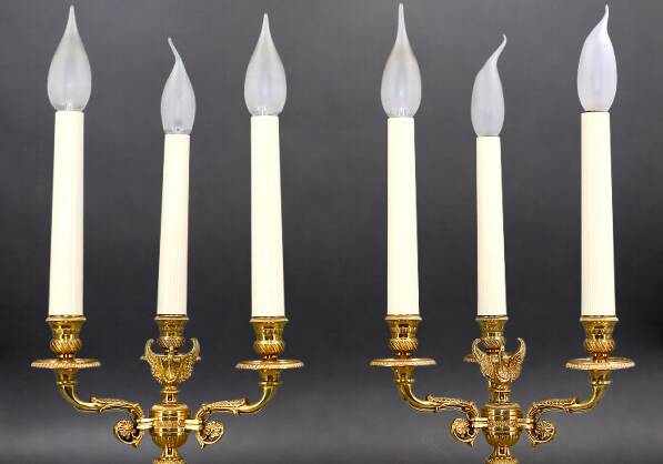 Pair of Chandeliers/Candelabra in Solid Bronze Empire Style Caramel Patina