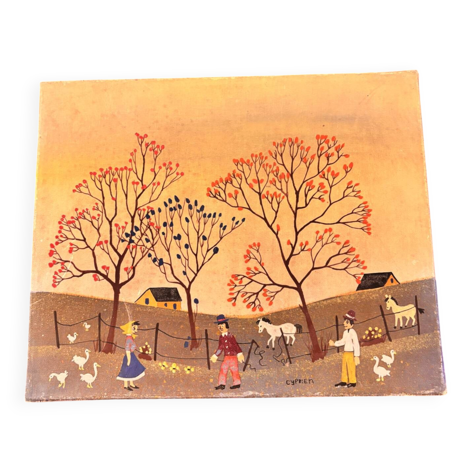 Tableau d'art naïf vintage - Scène champêtre. Art populaire