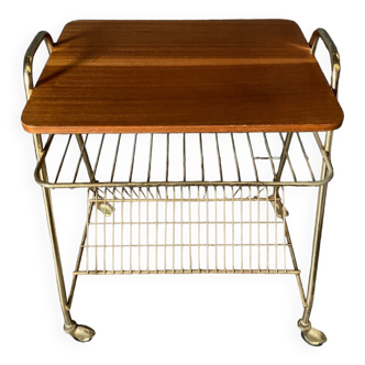 Table roulante desserte porte-disques ou revues 1960 plateau en bois