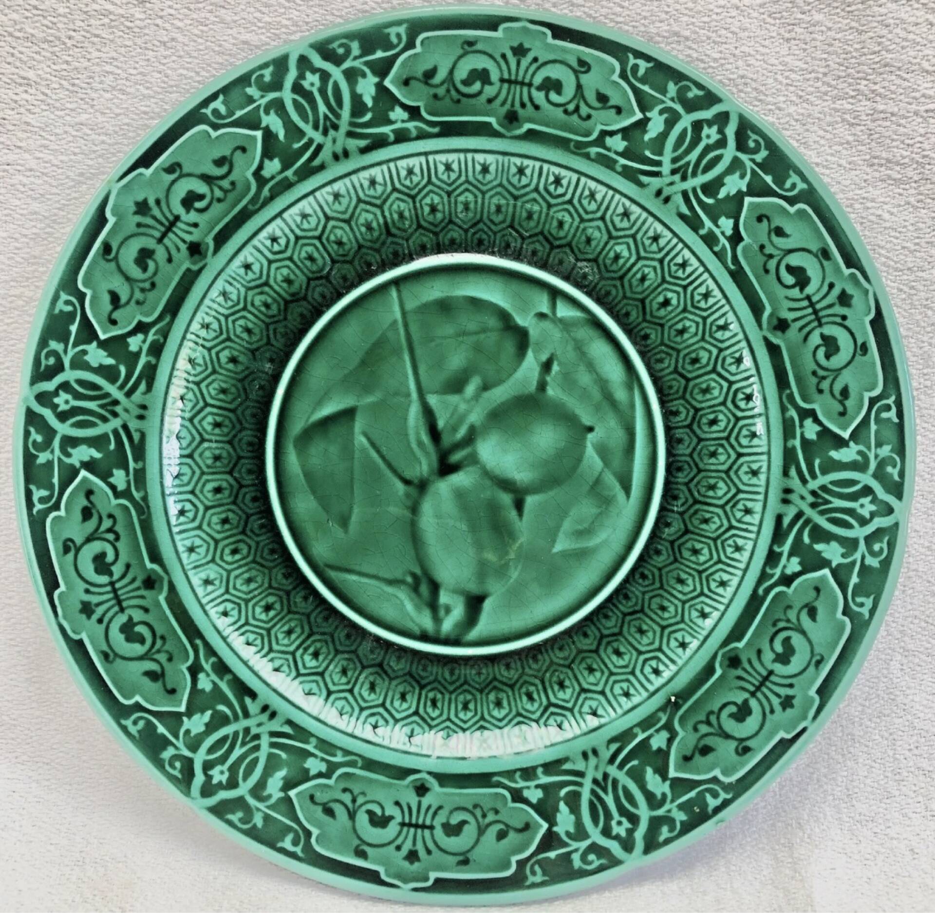 3 fruit plates Sarreguemines majolica shaded enamel Rubelles