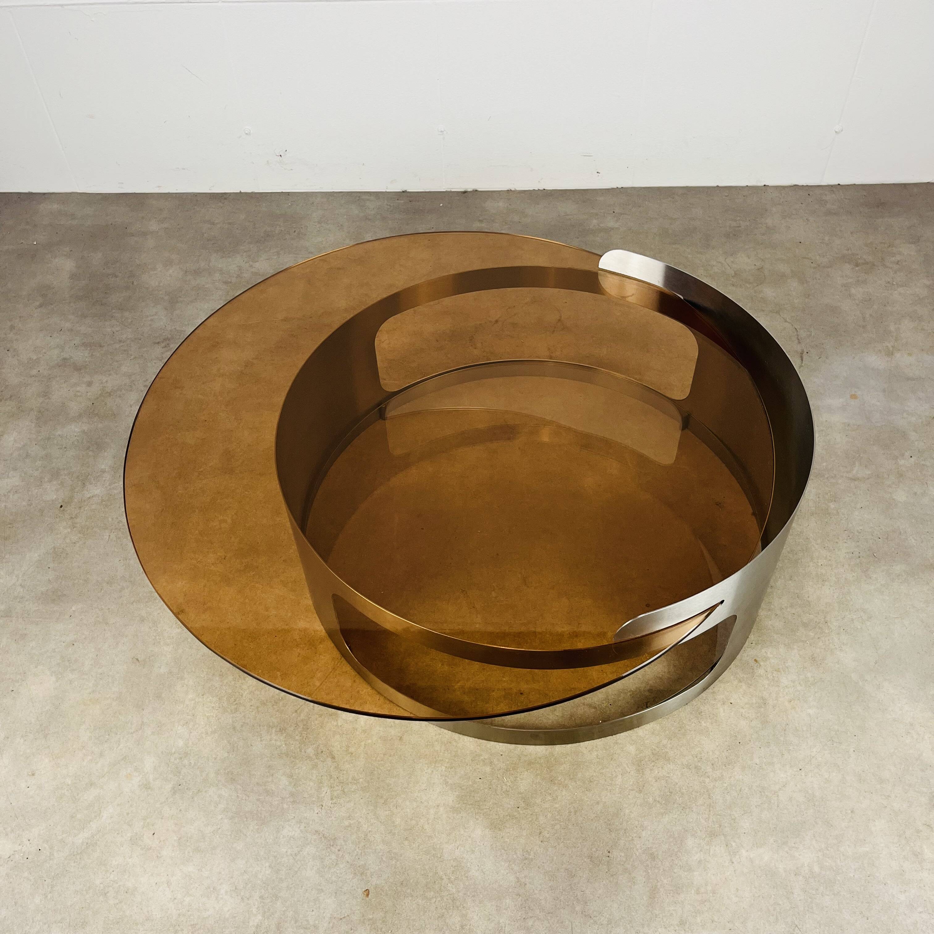 Kappa coffee table in steel and smoked glass, Maria Pergay style, 1970s.