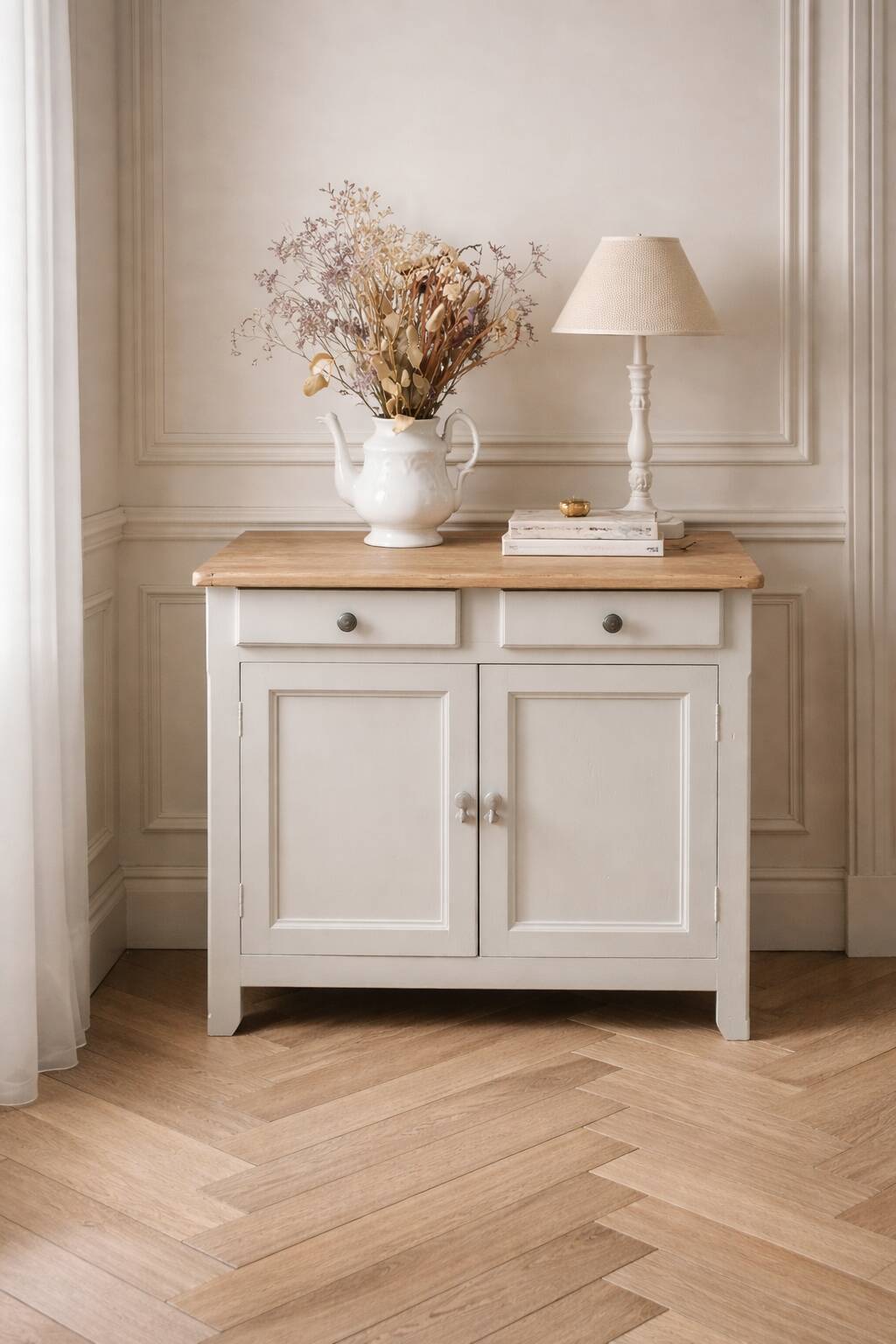 Vintage Parisian buffet re-enchanted in pearl grey, wooden top.