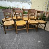 Set of 8 solid cherrywood chairs with straw seats, Directoire period
