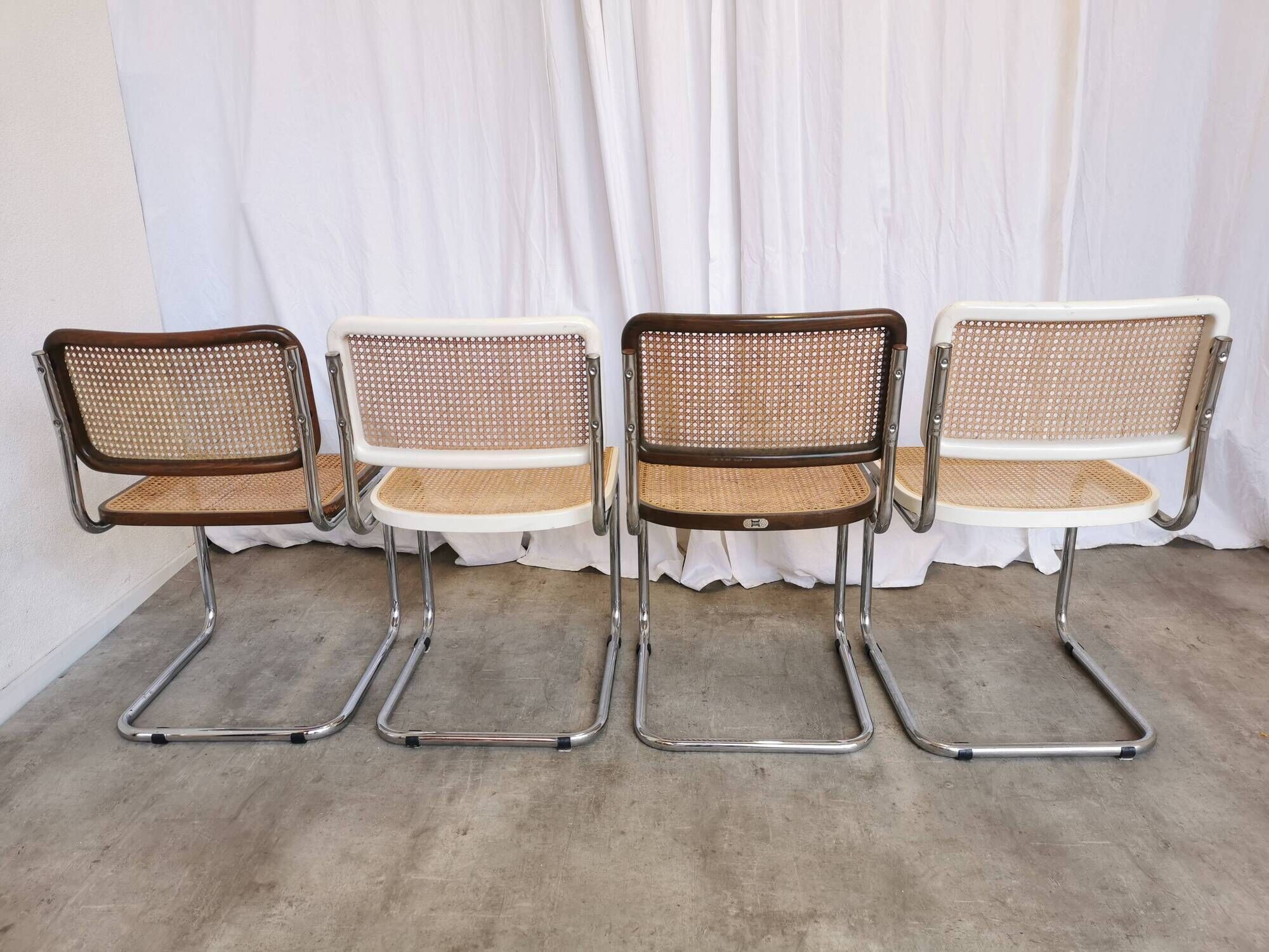 Set of 4 vintage cesca dining chairs / 2 brown 2 white / cane seat mid-century
