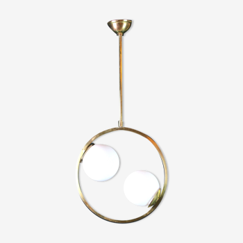 Mid-Century Brass and White Opaline Globes Circular Chandelier, Maison Lunel, France