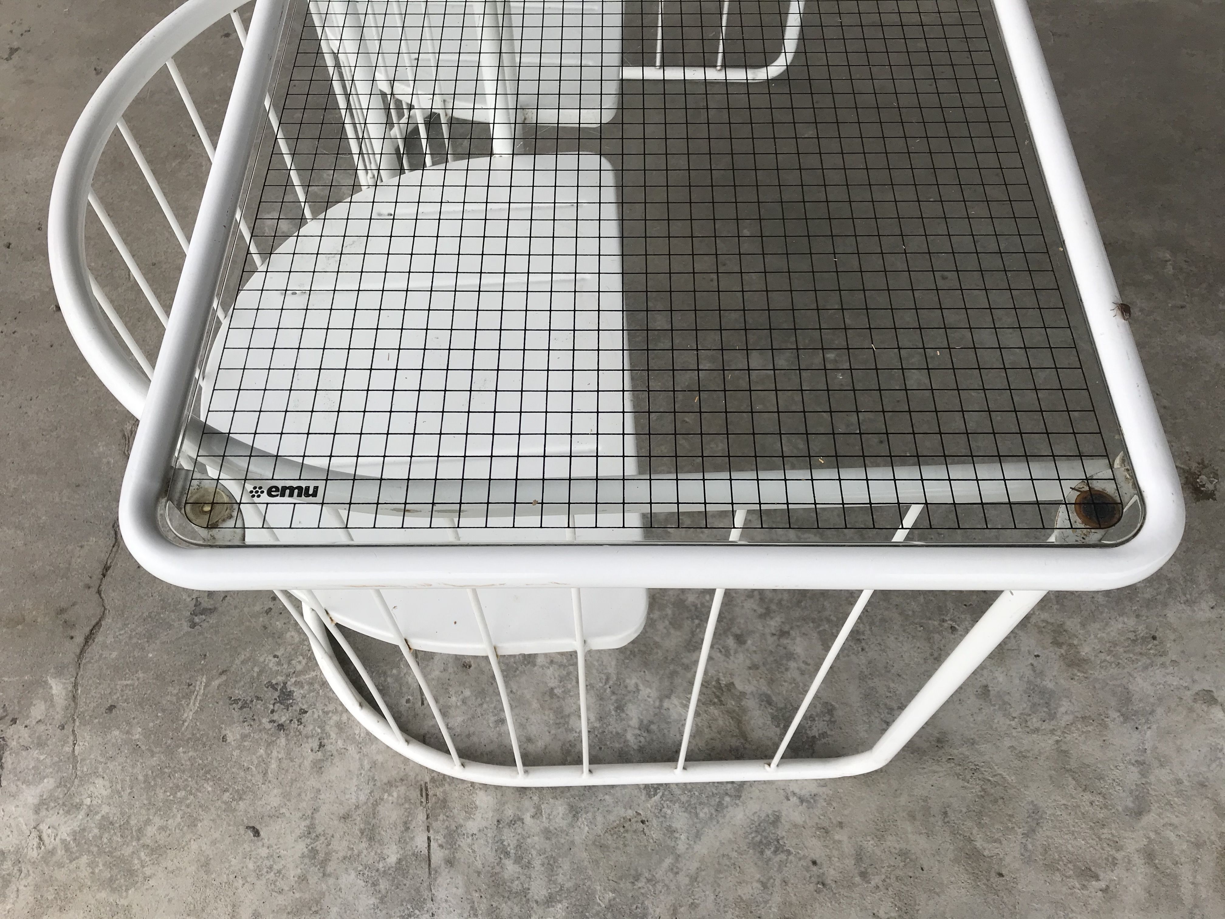 Vintage70's, Emu table in metal and glass, chairs swivelling under the table