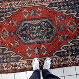 Antique 1920s Persian Hamadan rug, distressed tribal medallion, 128cm x 194cm