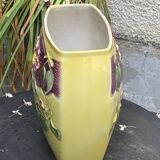 Yellow glazed ceramic slip vase with hawthorn pink flower motif