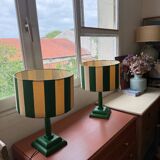 Pair of wooden bedside lamps with striped lampshades