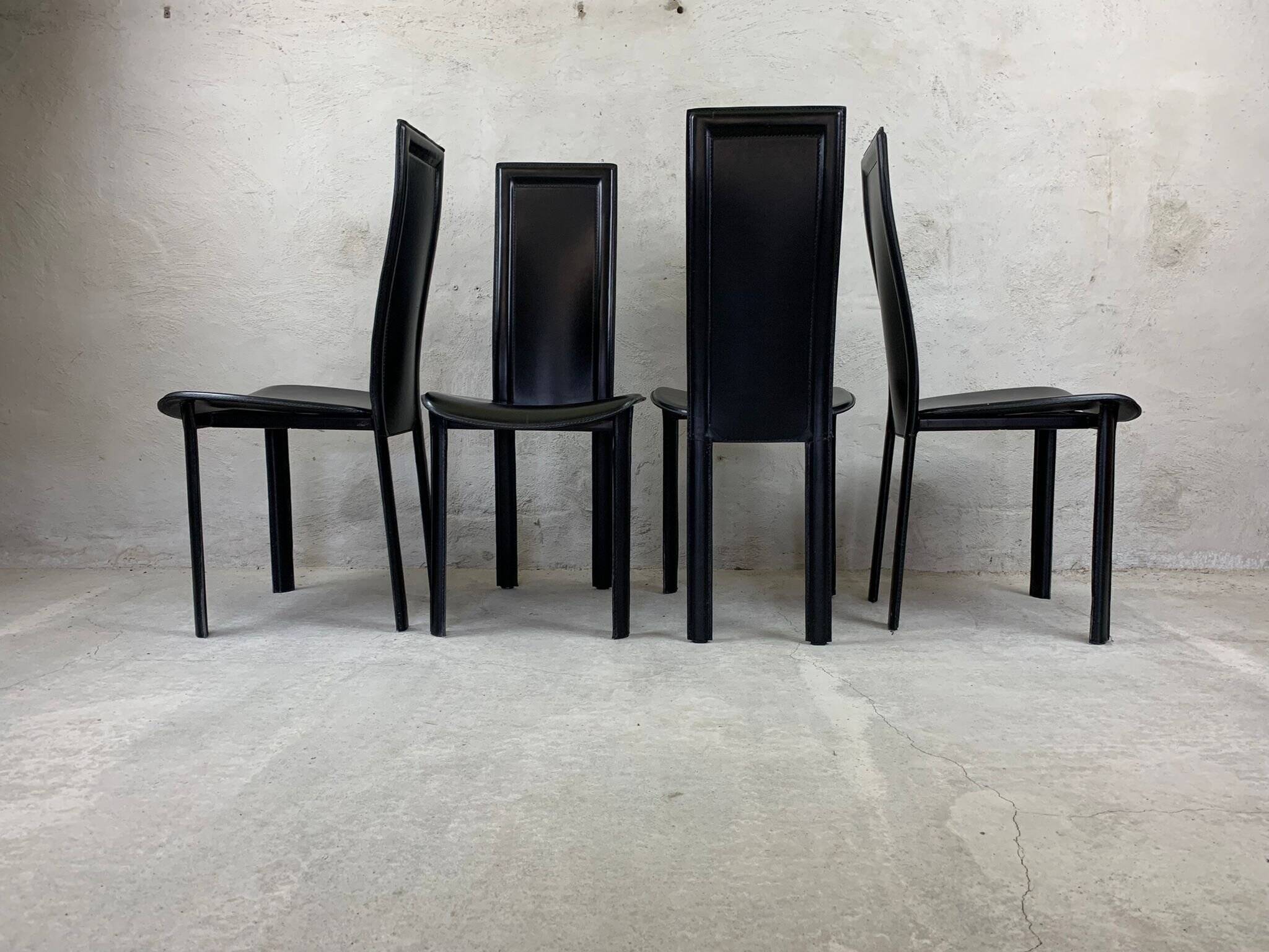 Set of 4 Italian Black Leather Dining Chairs