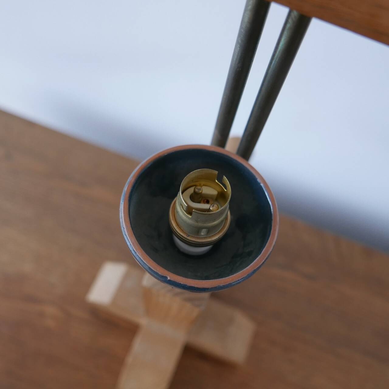 Guillerme et Chambron Oak and Ceramic Mid-Century French Table Lamps (3 Available)