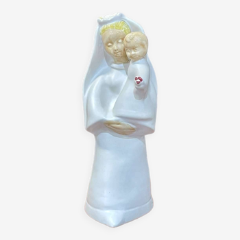 Vierge à l’enfant en faïence de quimper à fond ivoire de bel delecourt (1915 - 2017)