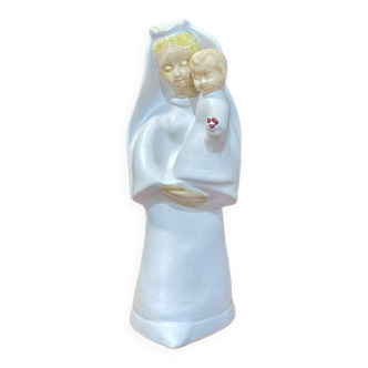 Virgin and child in quimper earthenware with an ivory background by bel delecourt (1915 - 2017)