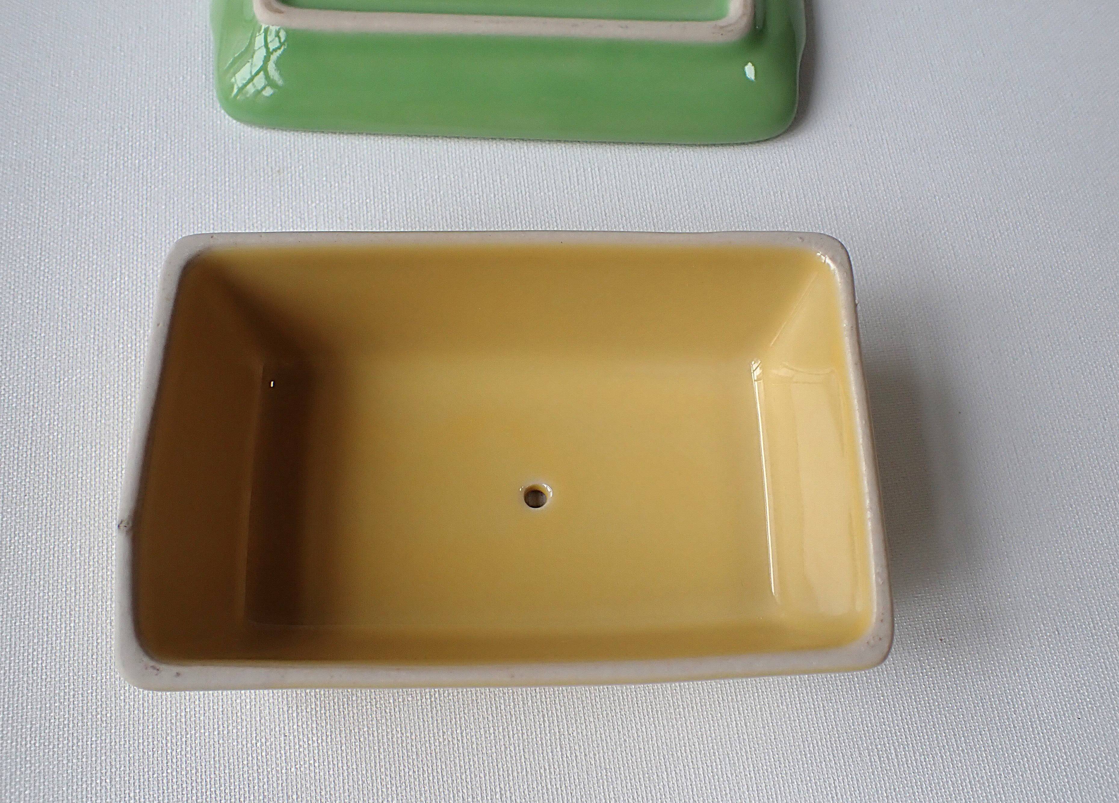 Small vintage ceramic butter dish - green and yellow