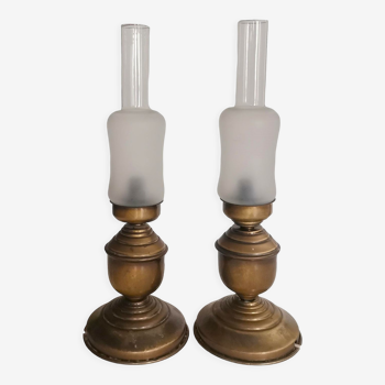 Portuguese rustic brass and frosted glass bedside lamps 1960s set of 2